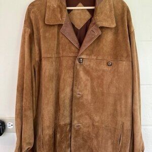 Mens, tan suede driving coat. Lined, size large